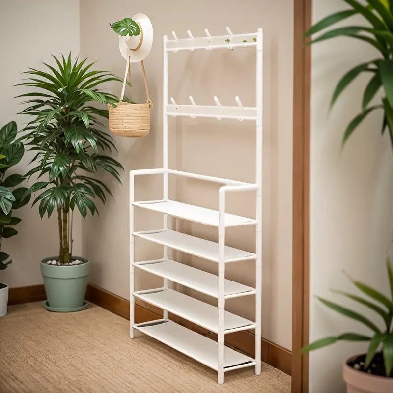 Wallex - Λευκή Πολυλειτουργική Κρεμάστρα & Ραφιέρα Παπουτσιών με 5 Ράφια & 8 Διπλές Κρεμάστρες | Ιδανική για Είσοδο, Σαλόνι & Γραφείο - WL140777