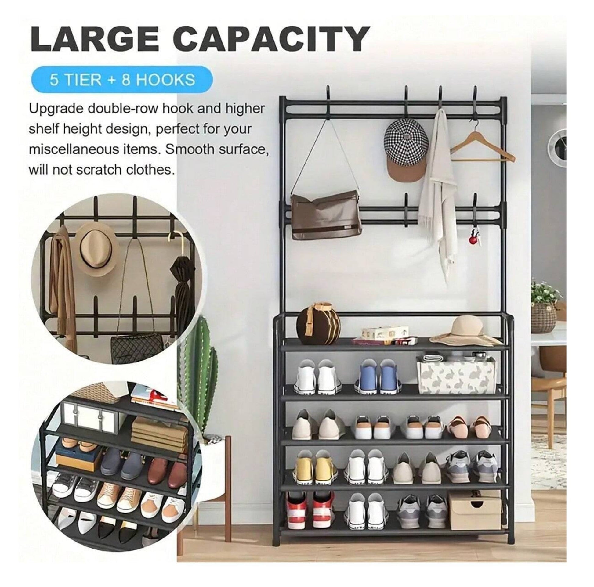 Wallex - Μαύρη Πολυλειτουργική Κρεμάστρα & Ραφιέρα Παπουτσιών με 5 Ράφια & 8 Διπλές Κρεμάστρες | Ιδανική για Είσοδο, Σαλόνι & Γραφείο - WL140784