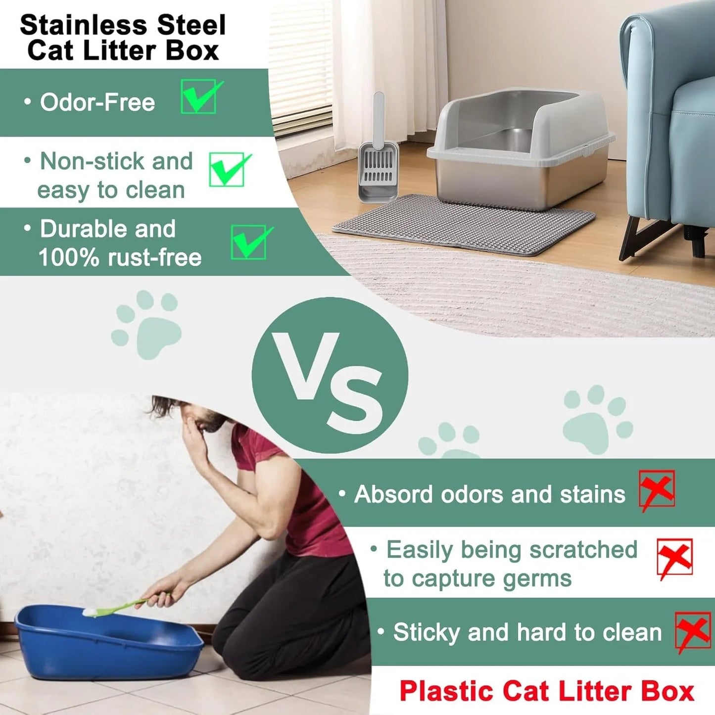 Wallex - Ανοξείδωτη Τουαλέτα Γάτας με Καπάκι, Χαλάκι συλλογής άμμου και σκουπάκι - XXL – 60x40x30,5 εκ - WL140661