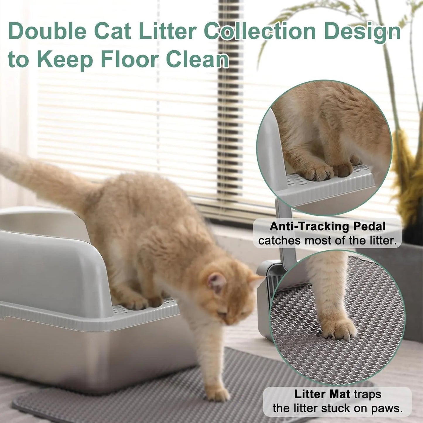 Wallex - Ανοξείδωτη Τουαλέτα Γάτας με Καπάκι, Χαλάκι συλλογής άμμου και σκουπάκι - XXL – 60x40x30,5 εκ - WL140661