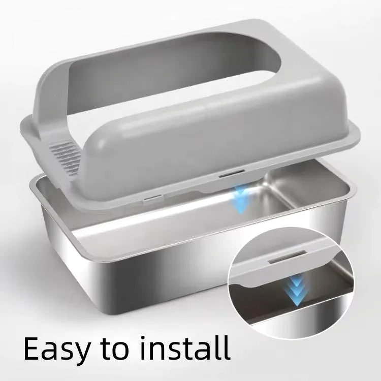 Wallex - Ανοξείδωτη Τουαλέτα Γάτας με Καπάκι, Χαλάκι συλλογής άμμου και σκουπάκι - XXL – 60x40x30,5 εκ - WL140661