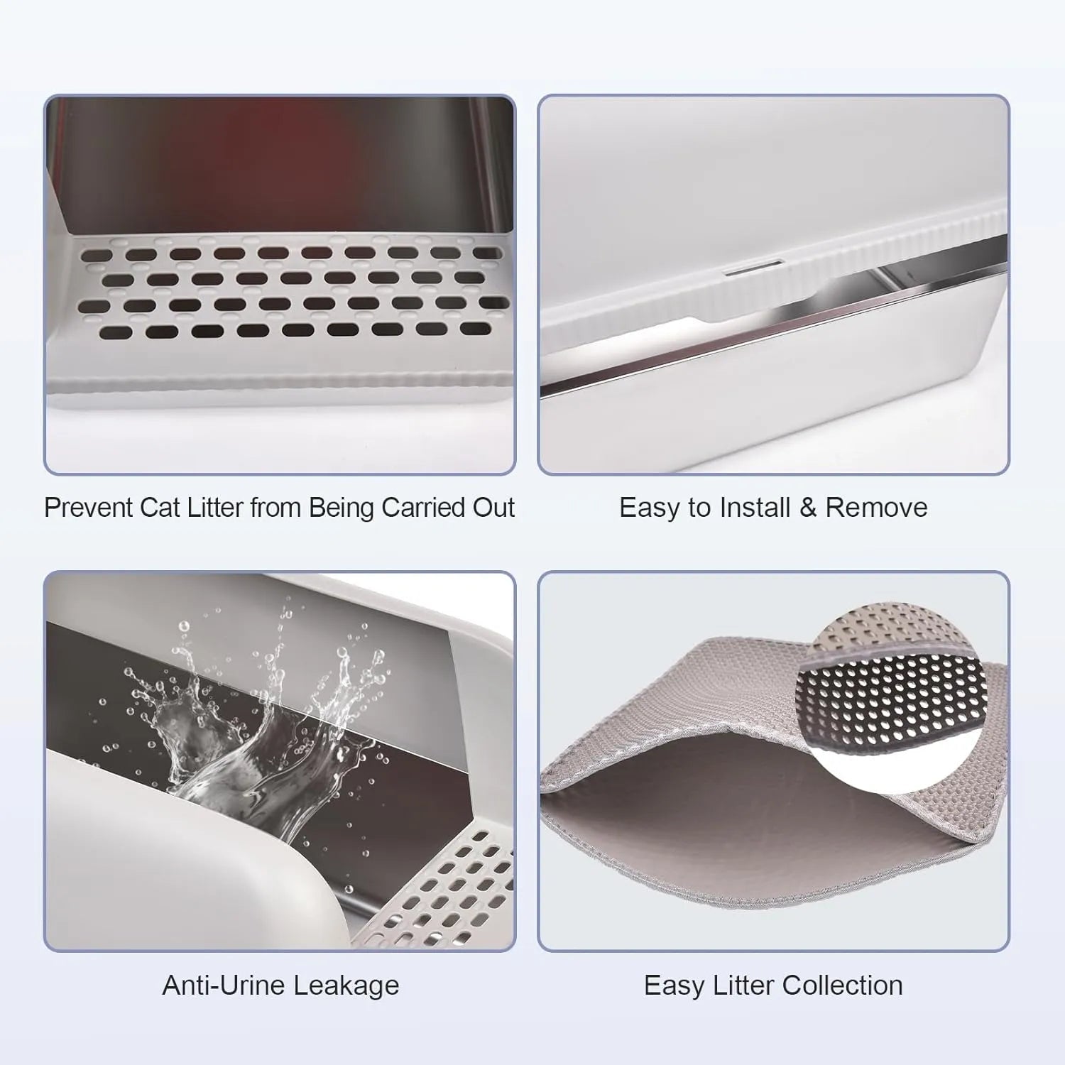 Wallex - Ανοξείδωτη Τουαλέτα Γάτας με Καπάκι, Χαλάκι συλλογής άμμου και σκουπάκι - XXL – 60x40x30,5 εκ - WL140661