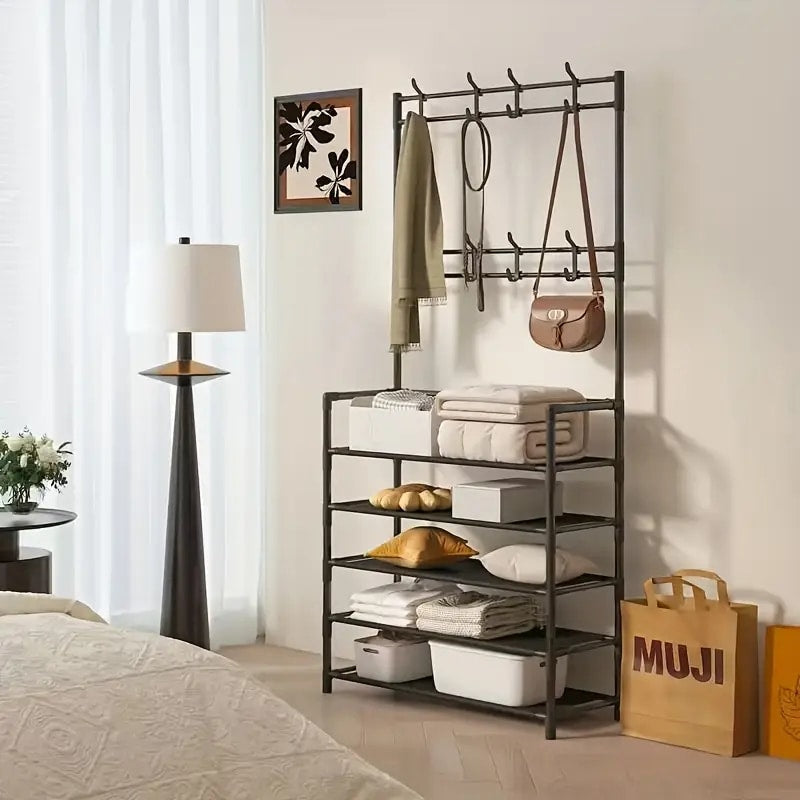 Wallex - Μαύρη Πολυλειτουργική Κρεμάστρα & Ραφιέρα Παπουτσιών με 5 Ράφια & 8 Διπλές Κρεμάστρες | Ιδανική για Είσοδο, Σαλόνι & Γραφείο - WL140784