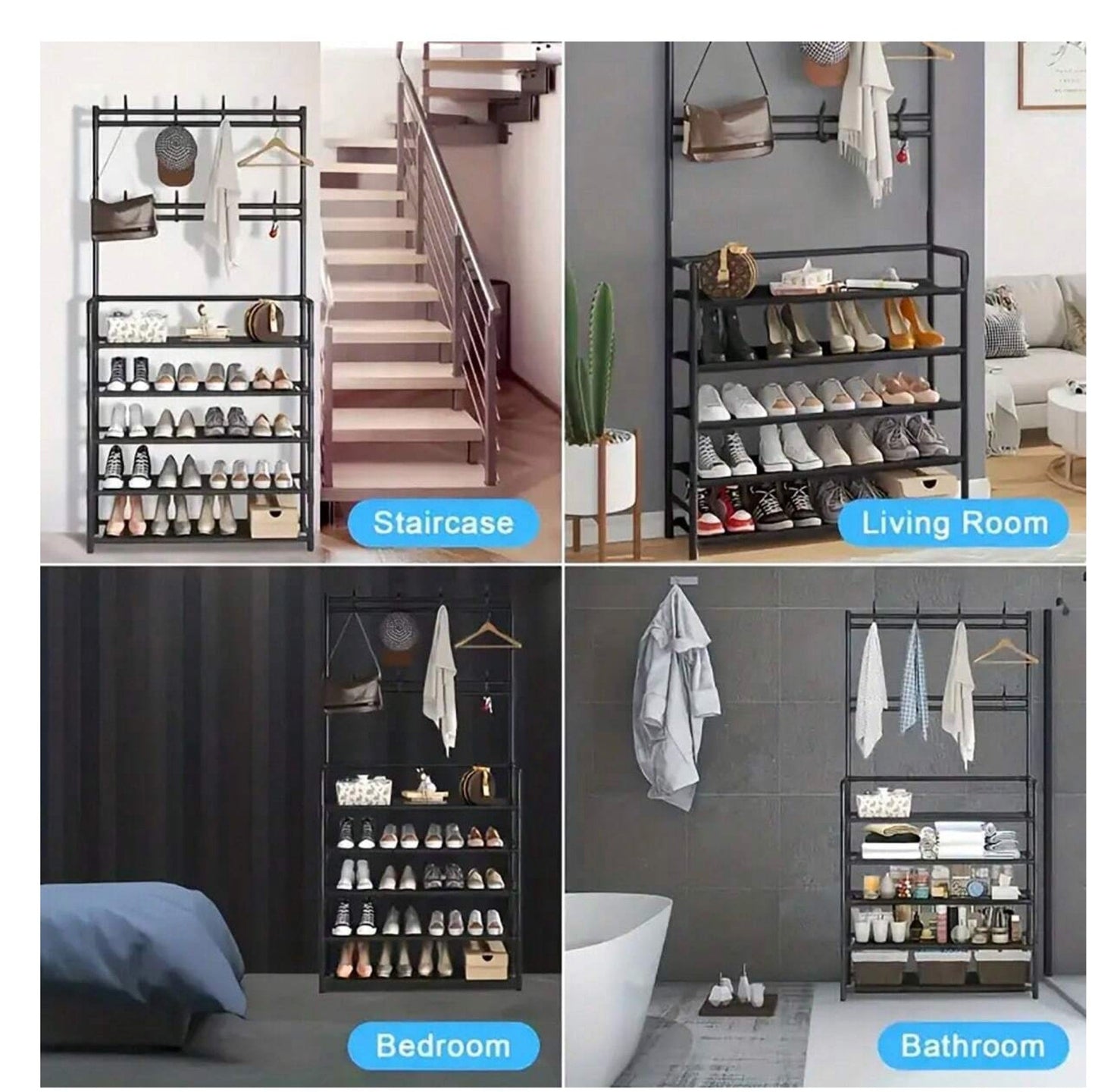 Wallex - Μαύρη Πολυλειτουργική Κρεμάστρα & Ραφιέρα Παπουτσιών με 5 Ράφια & 8 Διπλές Κρεμάστρες | Ιδανική για Είσοδο, Σαλόνι & Γραφείο - WL140784