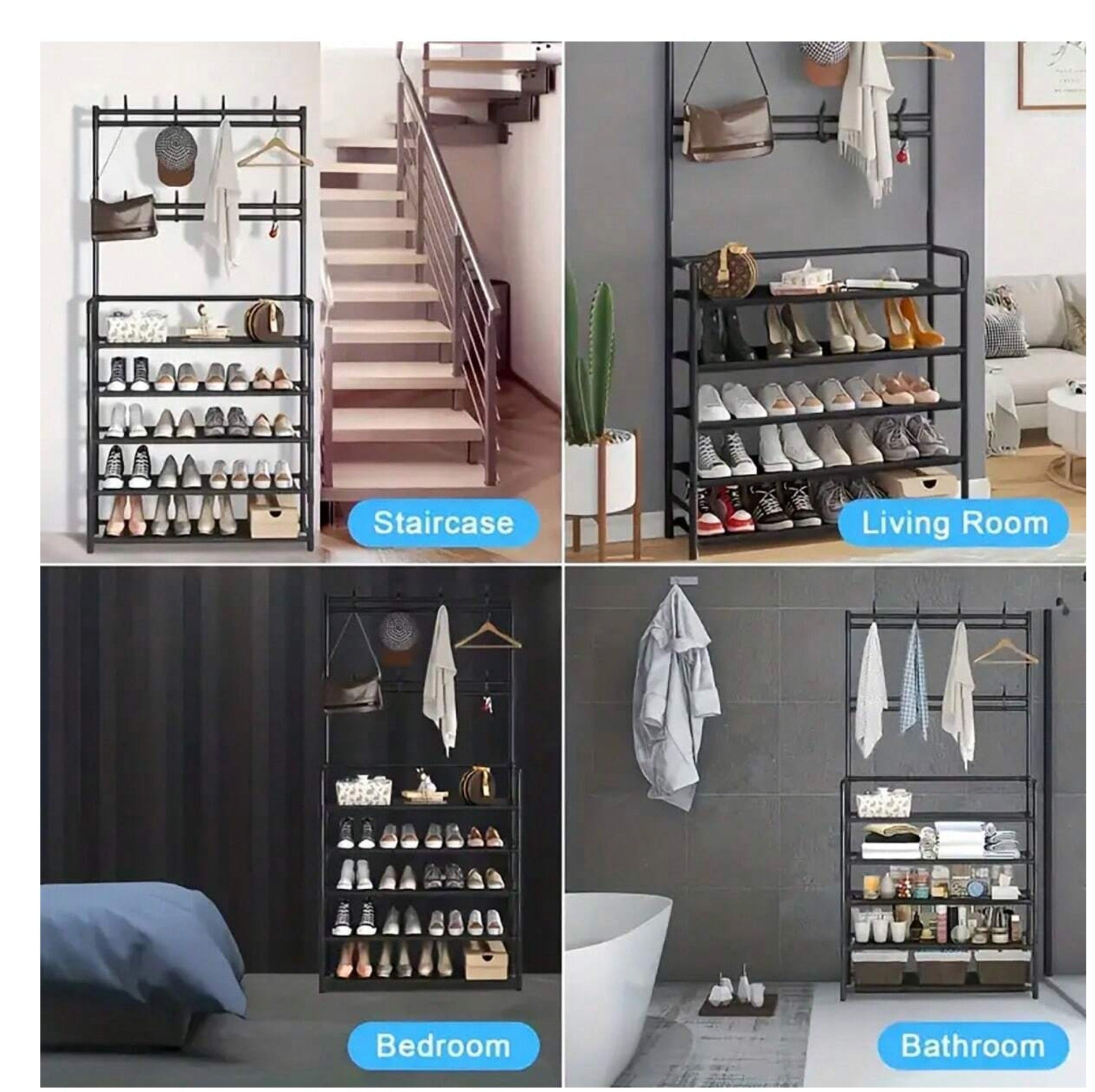 Wallex - Μαύρη Πολυλειτουργική Κρεμάστρα & Ραφιέρα Παπουτσιών με 5 Ράφια & 8 Διπλές Κρεμάστρες | Ιδανική για Είσοδο, Σαλόνι & Γραφείο - WL140784