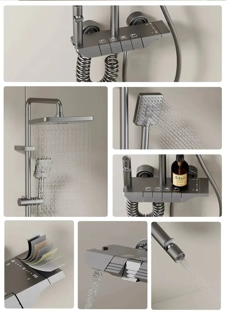 Wallex HydroFlow® – Θερμοστατική Στήλη Ντους 4 Λειτουργιών με Ορειχάλκινη Κεφαλή 20x26cm & Ρυθμιζόμενο Ύψος - WL140807