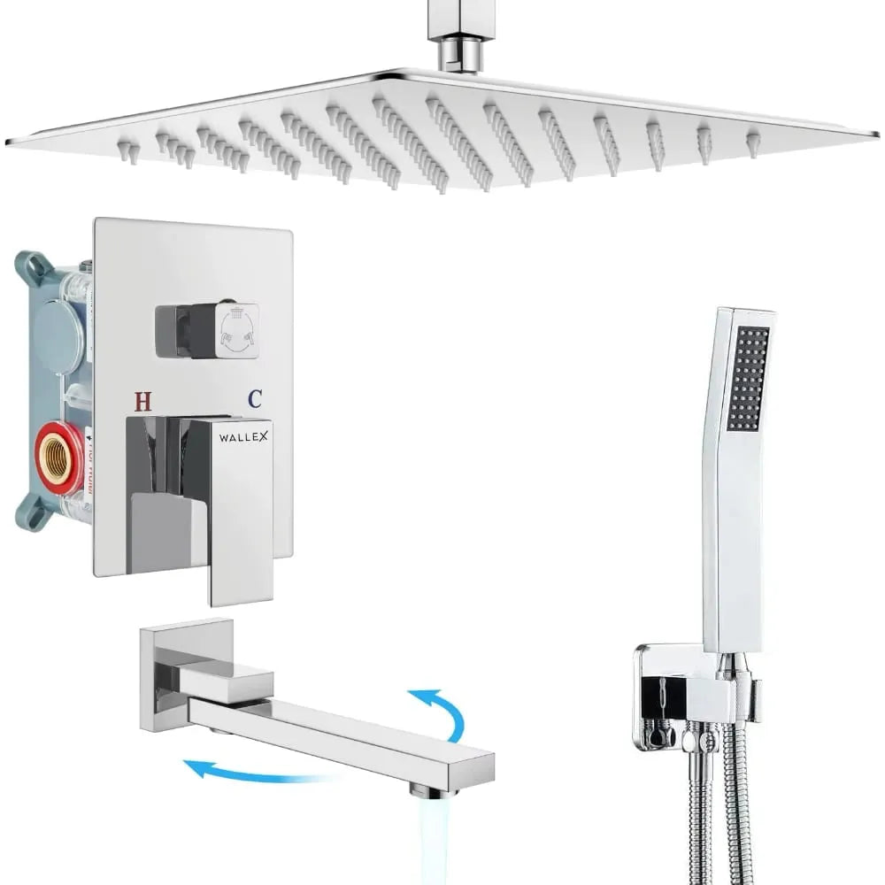 Wallex - Εντοιχιζόμενο Σετ Στήλης Ντους 3 Εξόδων με Τηλέφωνο Ντους, Τετράγωνη Κεφαλή 25cm & Ρουξούνι Βρυσάκι - Ασημί