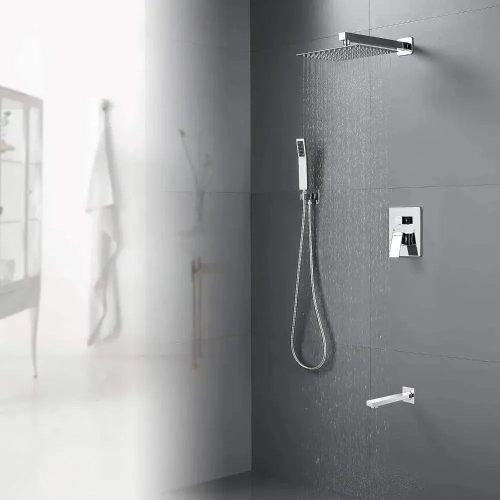 Wallex - Εντοιχιζόμενο Σετ Στήλης Ντους 3 Εξόδων με Τηλέφωνο Ντους, Τετράγωνη Κεφαλή 25cm & Ρουξούνι Βρυσάκι - Ασημί