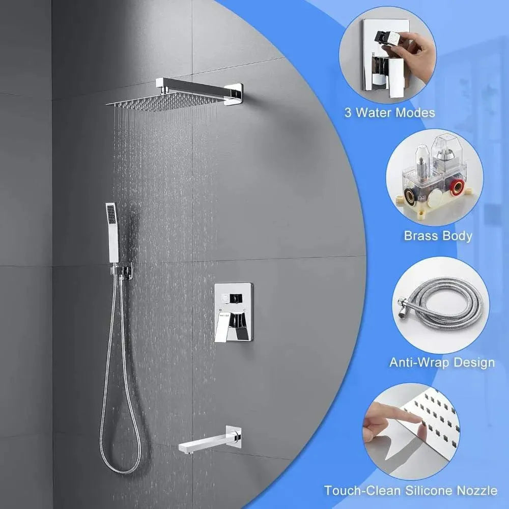 Wallex - Εντοιχιζόμενο Σετ Στήλης Ντους 3 Εξόδων με Τηλέφωνο Ντους, Τετράγωνη Κεφαλή 25cm & Ρουξούνι Βρυσάκι - Ασημί