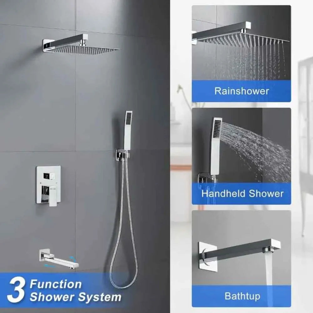 Wallex - Εντοιχιζόμενο Σετ Στήλης Ντους 3 Εξόδων με Τηλέφωνο Ντους, Τετράγωνη Κεφαλή 25cm & Ρουξούνι Βρυσάκι - Ασημί