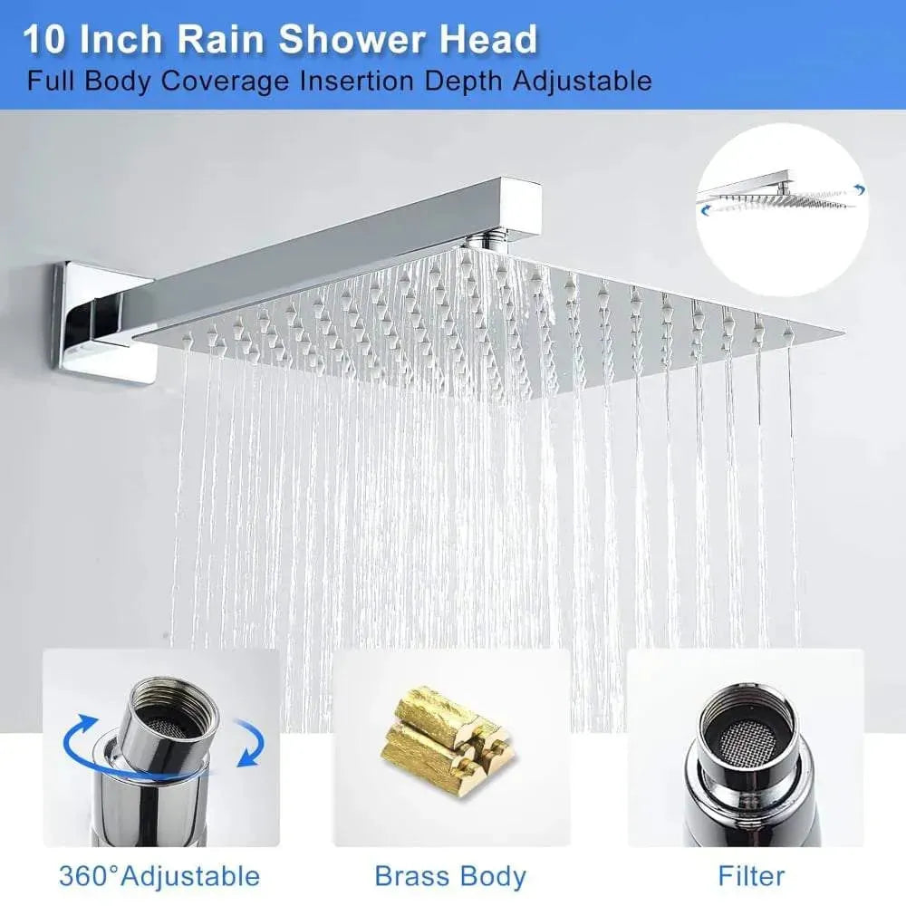 Wallex - Εντοιχιζόμενο Σετ Στήλης Ντους 3 Εξόδων με Τηλέφωνο Ντους, Τετράγωνη Κεφαλή 25cm & Ρουξούνι Βρυσάκι - Ασημί