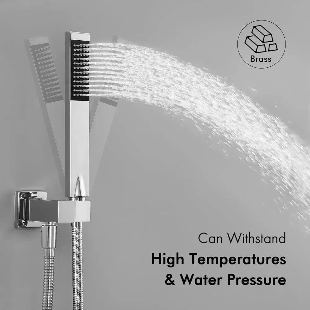 Wallex - Εντοιχιζόμενο Σετ Στήλης Ντους 3 Εξόδων με Τηλέφωνο Ντους, Τετράγωνη Κεφαλή 25cm & Ρουξούνι Βρυσάκι - Ασημί