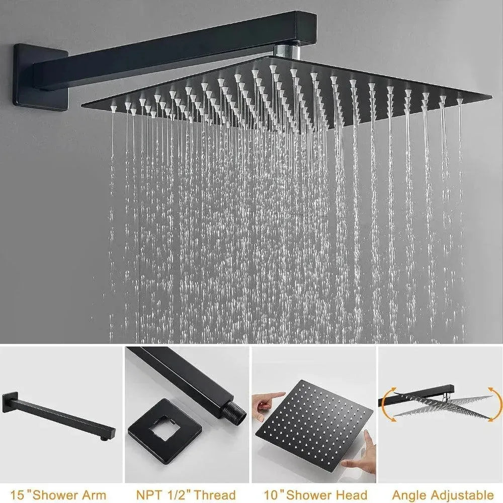 Wallex - Εντοιχιζόμενο σετ στήλης ντους 3 εξόδων με Τηλέφωνο ντους, Τετράγωνη Κεφαλή Ντουζ 25cm και ρουξούνι βρυσάκι - Μαύρο ματ - WL140456BLK