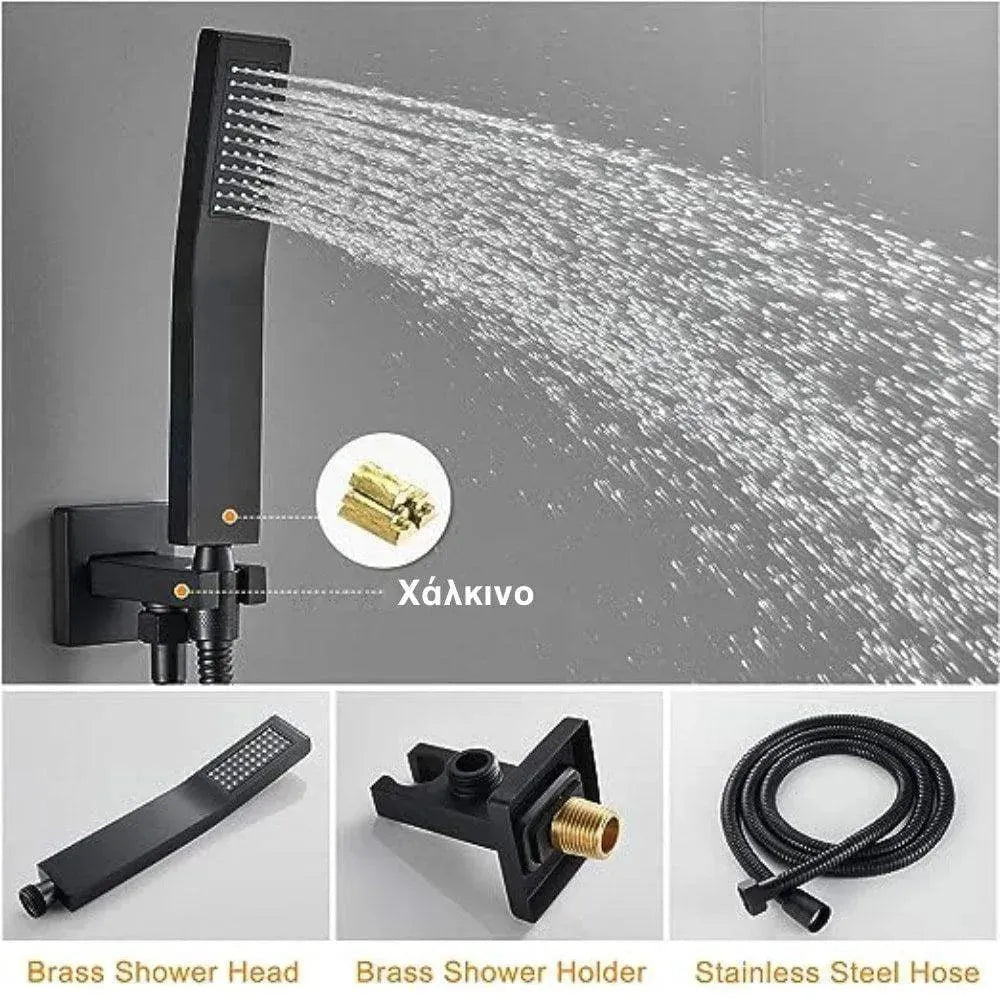 Wallex - Εντοιχιζόμενο σετ στήλης ντους 3 εξόδων με Τηλέφωνο ντους, Τετράγωνη Κεφαλή Ντουζ 25cm και ρουξούνι βρυσάκι - Μαύρο ματ - WL140456BLK