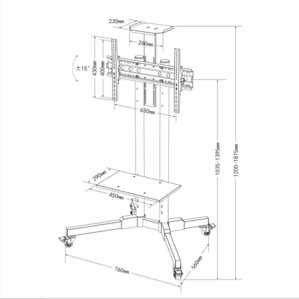 Wallex - Μεταλλική βάση τηλεόρασης δαπέδου με ράφι και ροδάκια 32 έως 65 ιντσών - 50kg - WL140302