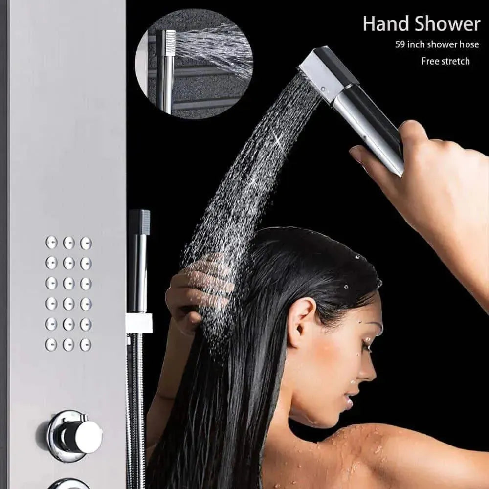 Wallex - Στήλη ντους - υδρομασάζ τοίχου 150cm με τηλέφωνο ντους και βρυσάκι σε ασημί χρώμα - WL140036SL