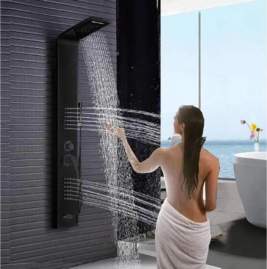 Wallex - Στήλη ντους - υδρομασάζ τοίχου 150cm με τηλέφωνο ντους και βρυσάκι σε μαύρο ματ χρώμα - WL140043BLK