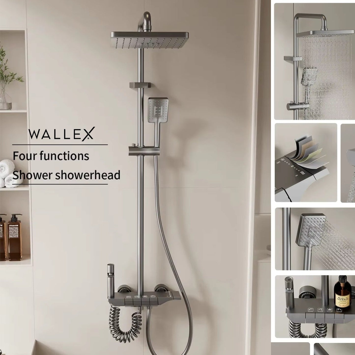 Wallex HydroFlow® – Θερμοστατική Στήλη Ντους 4 Λειτουργιών με Ορειχάλκινη Κεφαλή 20x26cm & Ρυθμιζόμενο Ύψος - WL140807