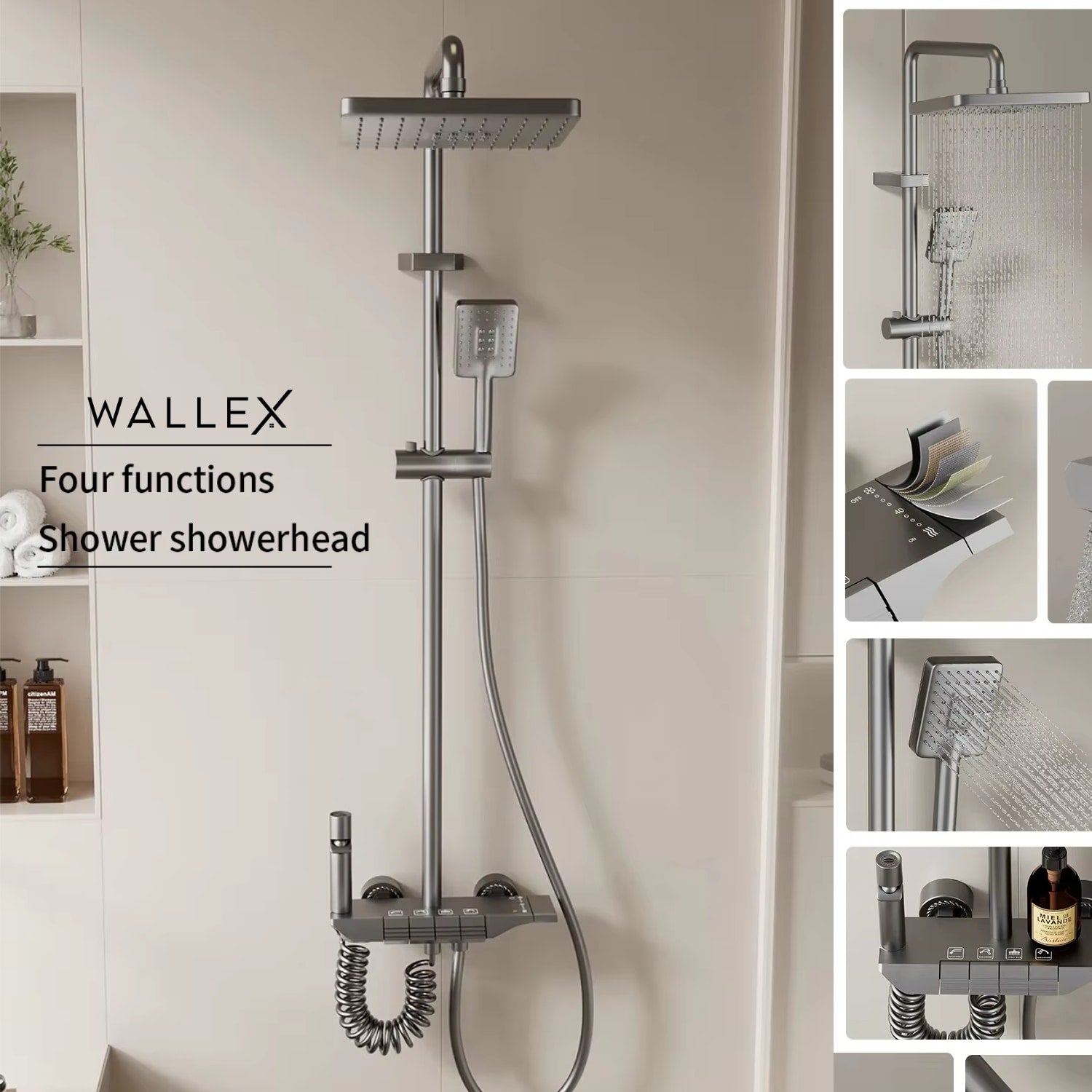 Wallex HydroFlow® – Θερμοστατική Στήλη Ντους 4 Λειτουργιών με Ορειχάλκινη Κεφαλή 20x26cm & Ρυθμιζόμενο Ύψος - WL140807