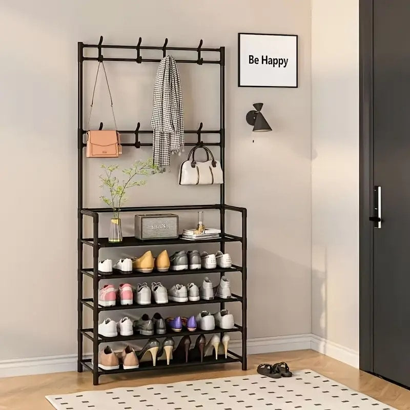 Wallex - Μαύρη Πολυλειτουργική Κρεμάστρα & Ραφιέρα Παπουτσιών με 5 Ράφια & 8 Διπλές Κρεμάστρες | Ιδανική για Είσοδο, Σαλόνι & Γραφείο - WL140784