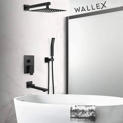 Wallex - Εντοιχιζόμενο σετ στήλης ντους 3 εξόδων με Τηλέφωνο ντους, Τετράγωνη Κεφαλή Ντουζ 25cm και ρουξούνι βρυσάκι - Μαύρο ματ - WL140456BLK