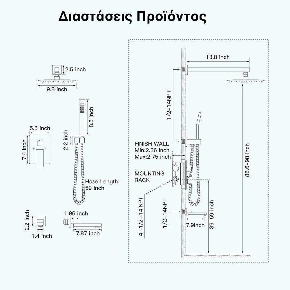 Wallex - Εντοιχιζόμενο σετ στήλης ντους 3 εξόδων με Τηλέφωνο ντους, Τετράγωνη Κεφαλή Ντουζ 25cm και ρουξούνι βρυσάκι - Μαύρο ματ - WL140456BLK